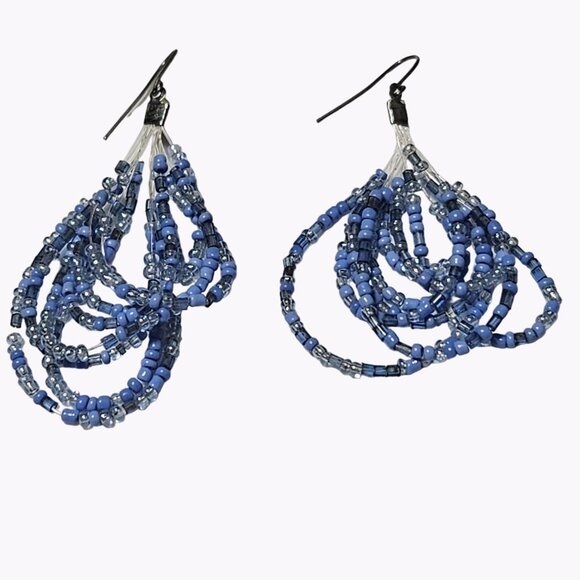 Elegant Blue Seed Bead Multi Strand Drop Earrings Statement Boho Fashion Jewelry - Picture 1 of 4